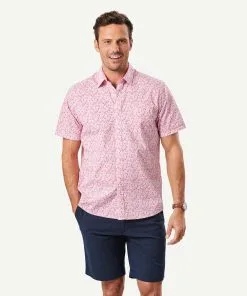 Gazman Casual Leaf Print Short Sleeve Shirt - Washed Red