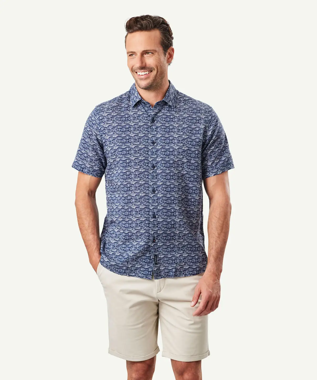Gazman Linen Blend Fish Print Short Sleeve Shirt - Navy 3 Gazman Linen Blend Fish Print Short Sleeve Shirt - Navy