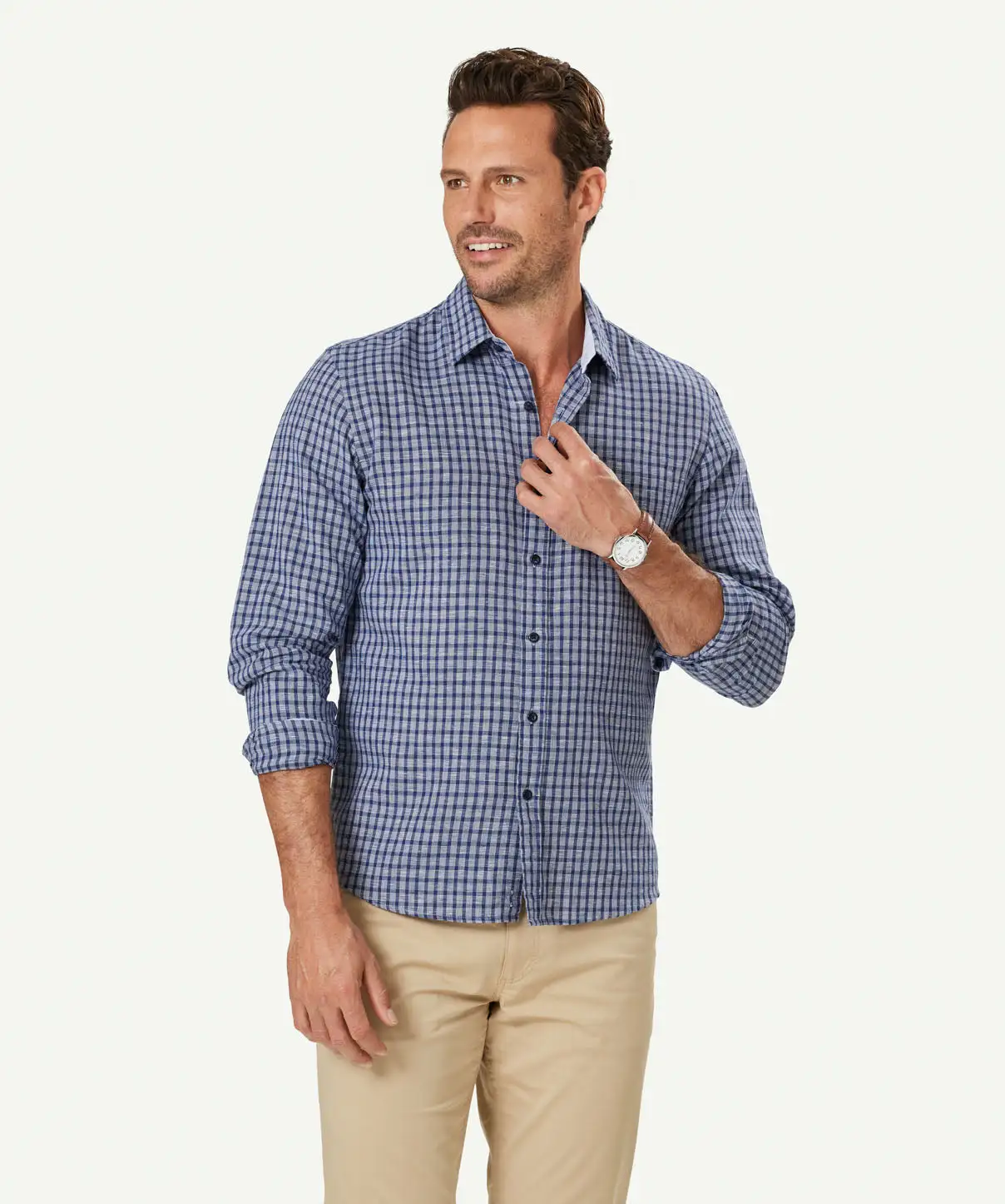 Gazman Tailored Linen Blend Check Long Sleeve Shirt - Navy 3 Gazman Tailored Linen Blend Check Long Sleeve Shirt - Navy