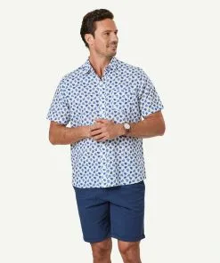 Gazman Linen Blend Turtle Print Short Sleeve Shirt - White