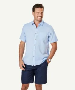 Gazman Linen Blend Plain Short Sleeve Shirt - Blue