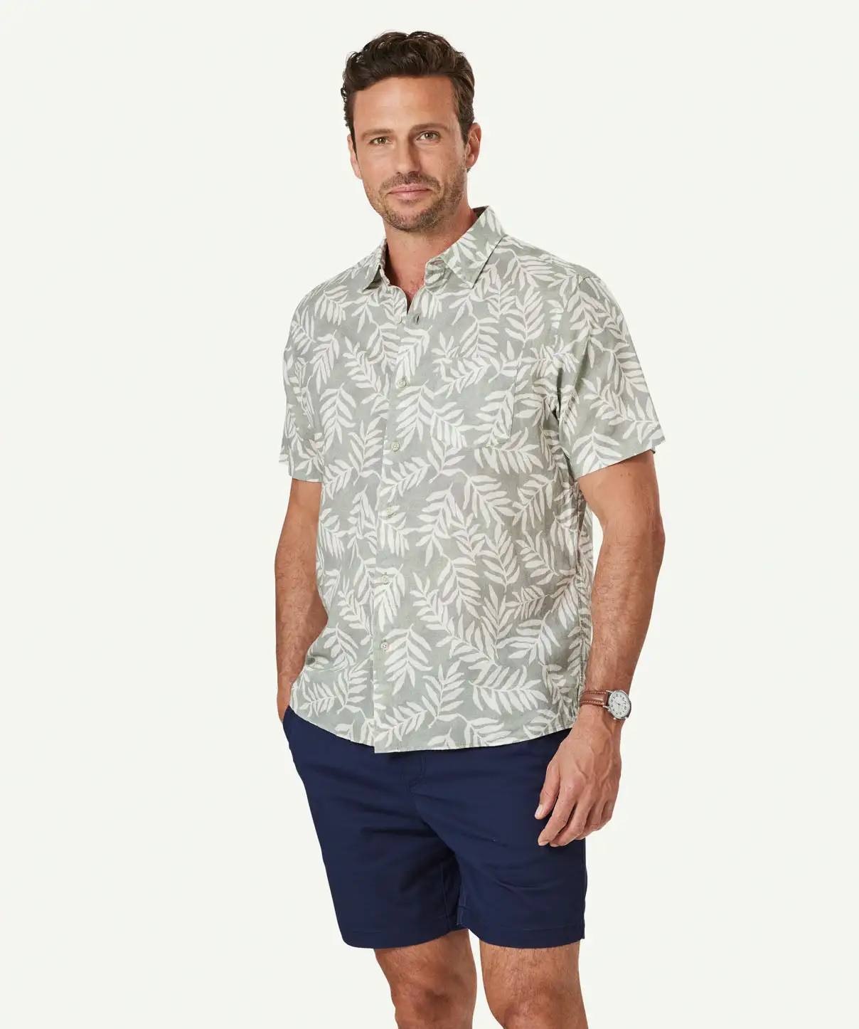 Gazman Linen Blend Leaf Print Short Sleeve Shirt - Sage 3 Gazman Linen Blend Leaf Print Short Sleeve Shirt - Sage