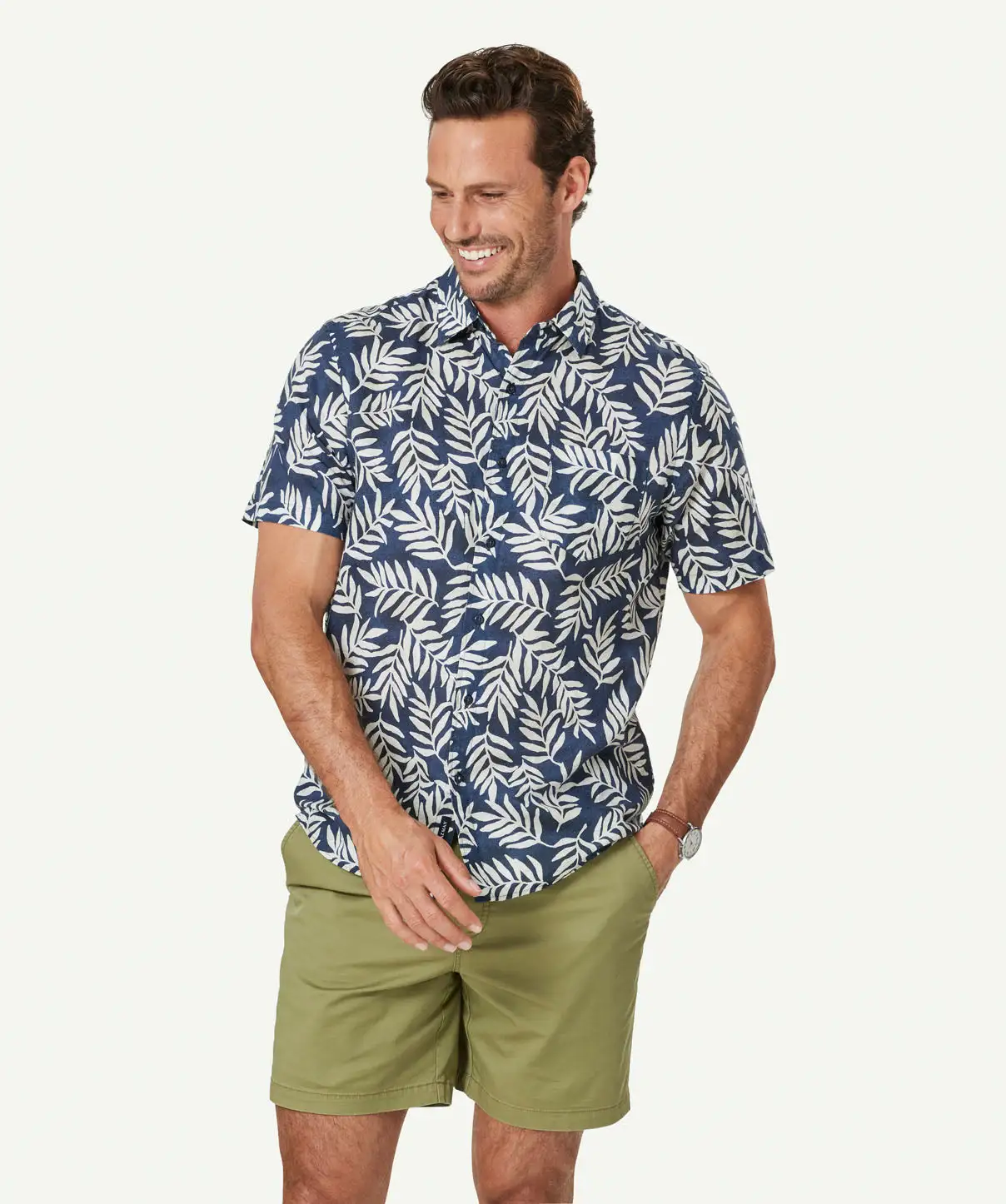 Gazman Linen Blend Leaf Print Short Sleeve Shirt - Navy 3 Gazman Linen Blend Leaf Print Short Sleeve Shirt - Navy