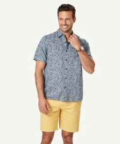 Gazman Linen Blend Fish Print Short Sleeve Shirt - Chambray