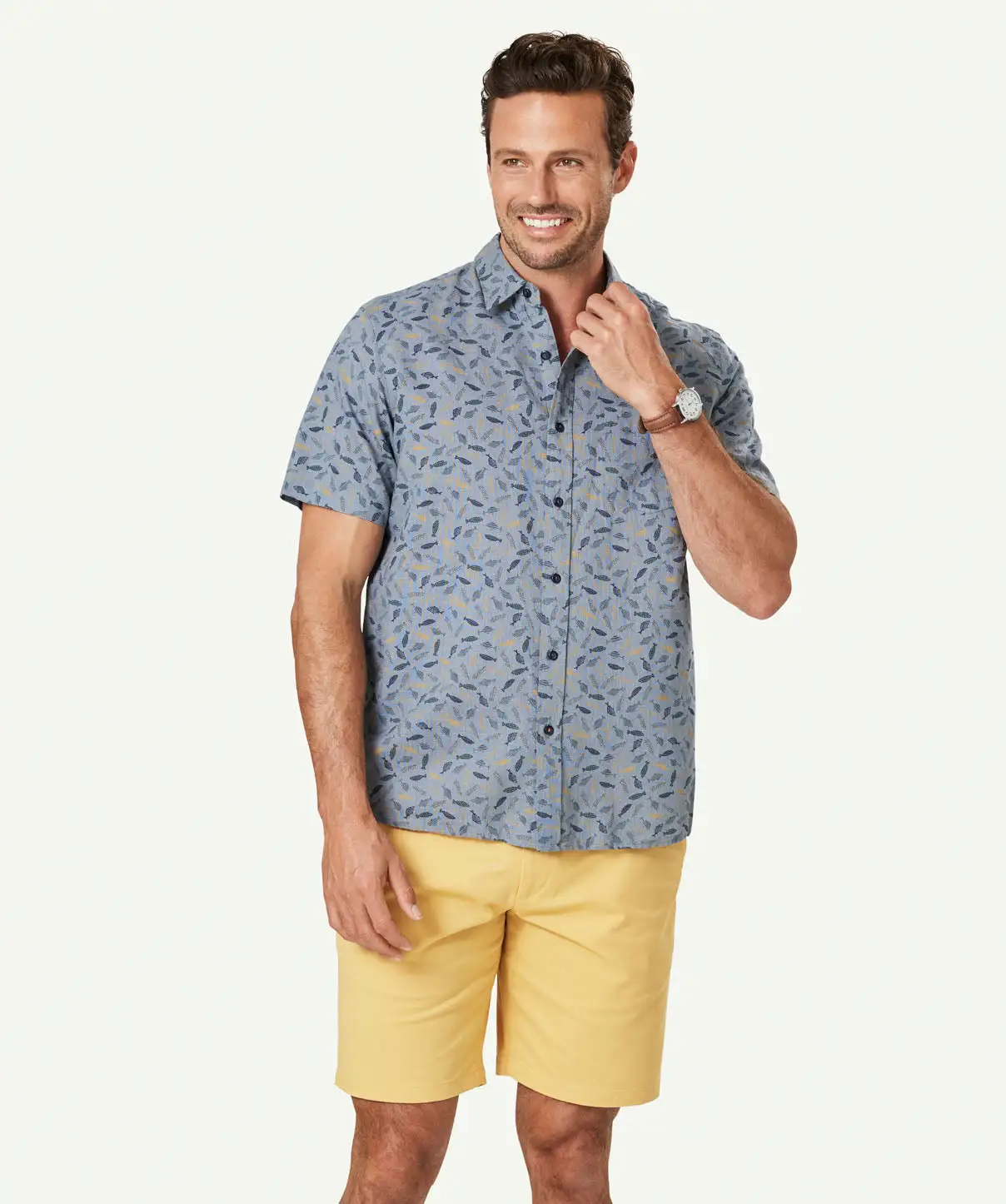 Gazman Linen Blend Fish Print Short Sleeve Shirt - Chambray 3 Gazman Linen Blend Fish Print Short Sleeve Shirt - Chambray