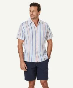 Gazman Linen Blend Variegated Stripe Short Sleeve Shirt - Multi Stripe
