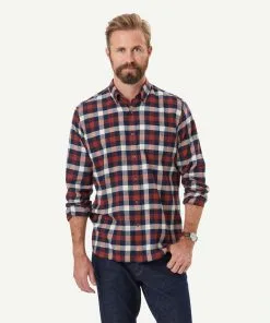 Gazman Brushed Twill Box Check Long Sleeve Shirt - Brick