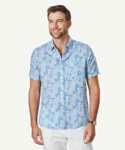 Gazman Linen Blend Vacation Print Short Sleeve Shirt - Marine Blue