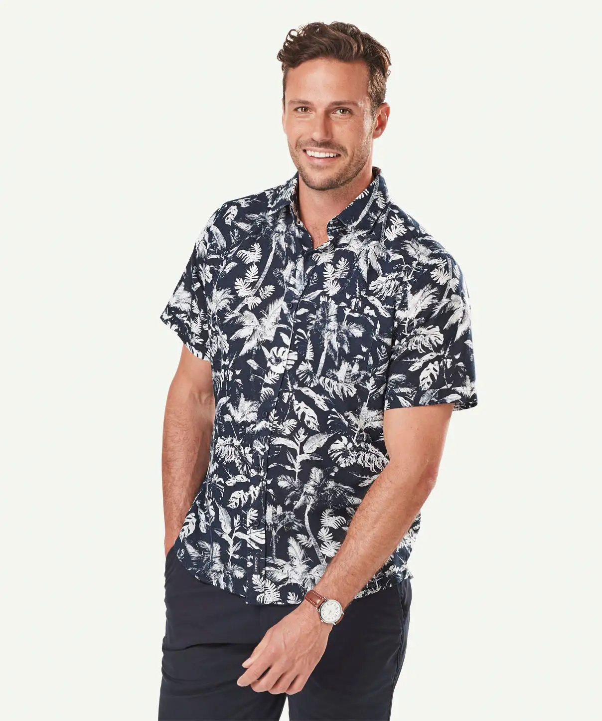 Gazman Linen Blend Palm Printed Short Sleeve Shirt - Navy 3 Gazman Linen Blend Palm Printed Short Sleeve Shirt - Navy
