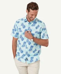 Gazman Linen Blend Pineapple Print Short Sleeve Shirt - Turquoise