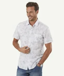 Gazman Tailored Fit Linen Blend Print Short Sleeve Shirt - Dove