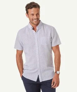 Gazman Tailored Fit Linen Blend Print Short Sleeve Shirt - Navy