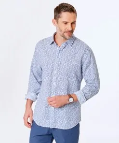 Gazman Tailored Fit Linen Blend Print Shirt - Navy