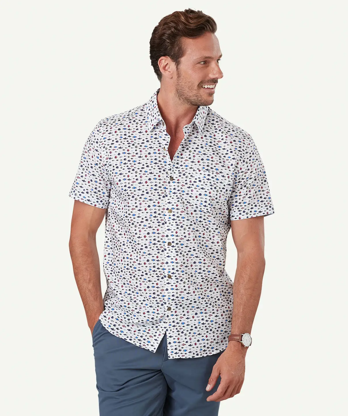 Gazman Tailored Fit Fish Print Short Sleeve Shirt - White 3 Gazman Tailored Fit Fish Print Short Sleeve Shirt - White