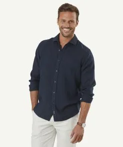 Gazman Pure Linen Plain Long Sleeve Shirt - Dark Navy