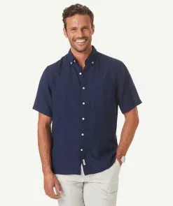 Gazman Linen Plain Short Sleeve Shirt - Navy