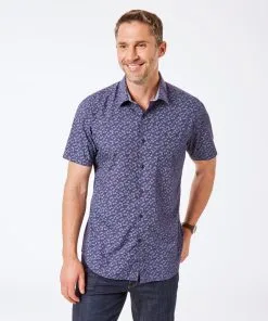Gazman Tailored Fit Floral Dot Short Sleeve Shirt - Navy