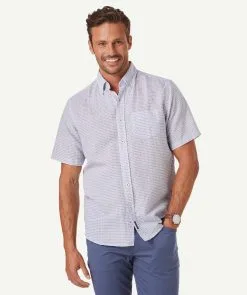 Gazman Linen Blend Dash Print Short Sleeve Shirt - Navy