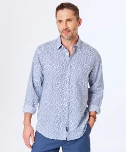 Gazman Linen Blend Leaf Print Shirt - Navy
