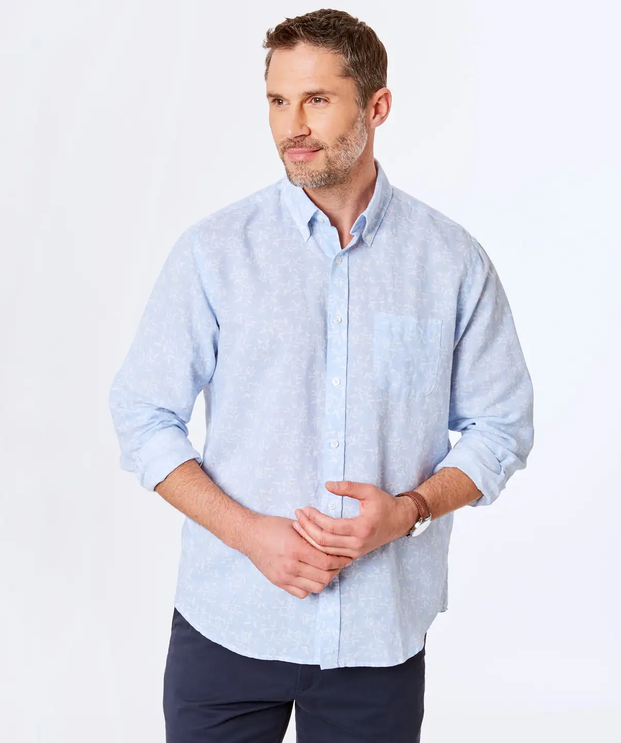 Gazman Linen Cotton Leaf Print Shirt - Sky Blue 3 Gazman Linen Cotton Leaf Print Shirt - Sky Blue