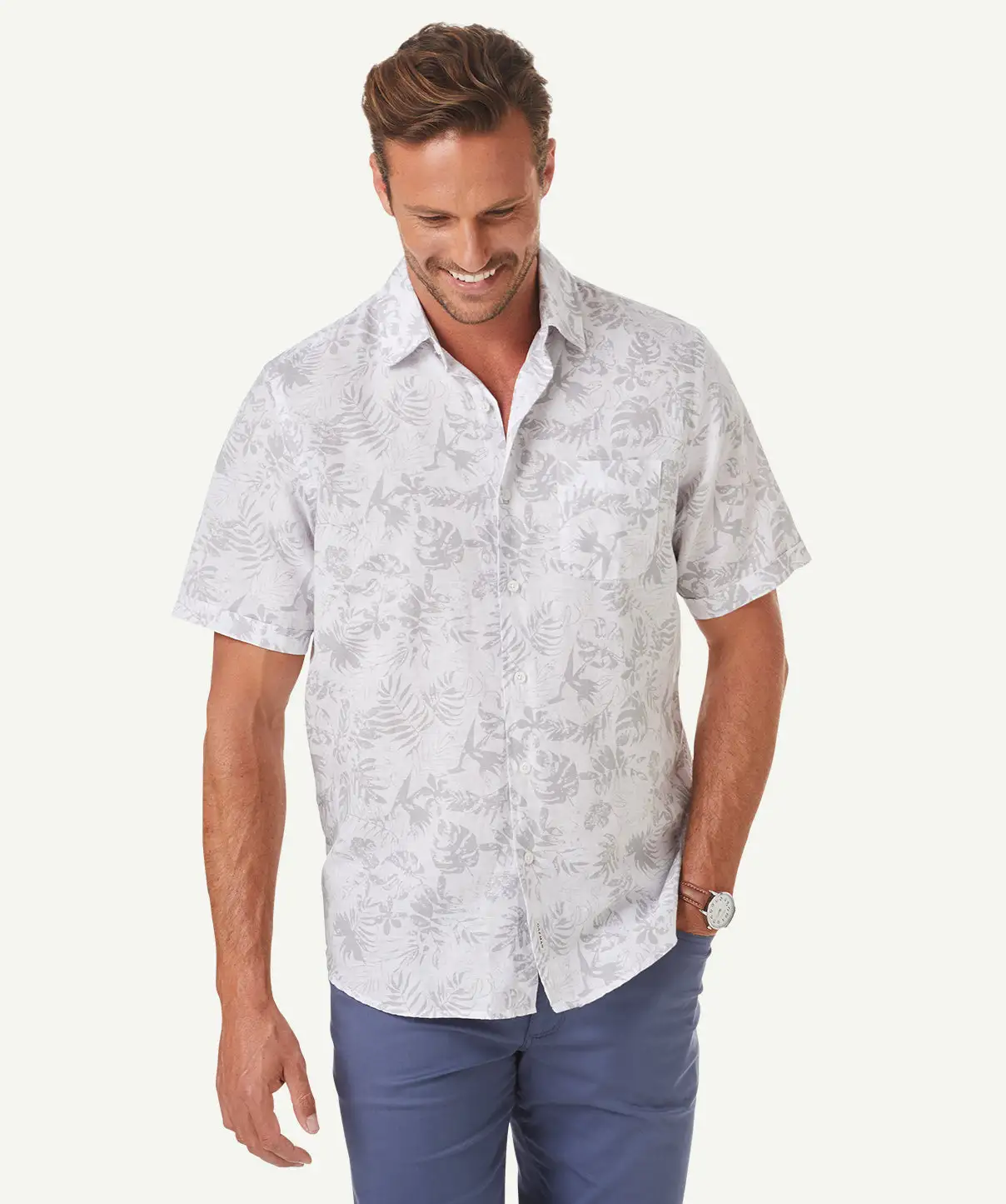 Gazman Linen Blend Floral Short Sleeve Shirt - Dove 3 Gazman Linen Blend Floral Short Sleeve Shirt - Dove