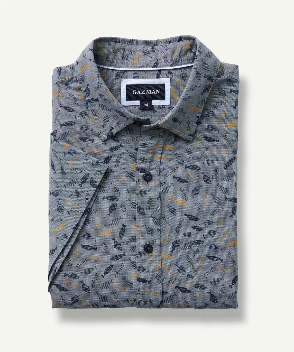 Gazman Linen Blend Fish Print Short Sleeve Shirt - Chambray 4 Gazman Linen Blend Fish Print Short Sleeve Shirt - Chambray - Image 2