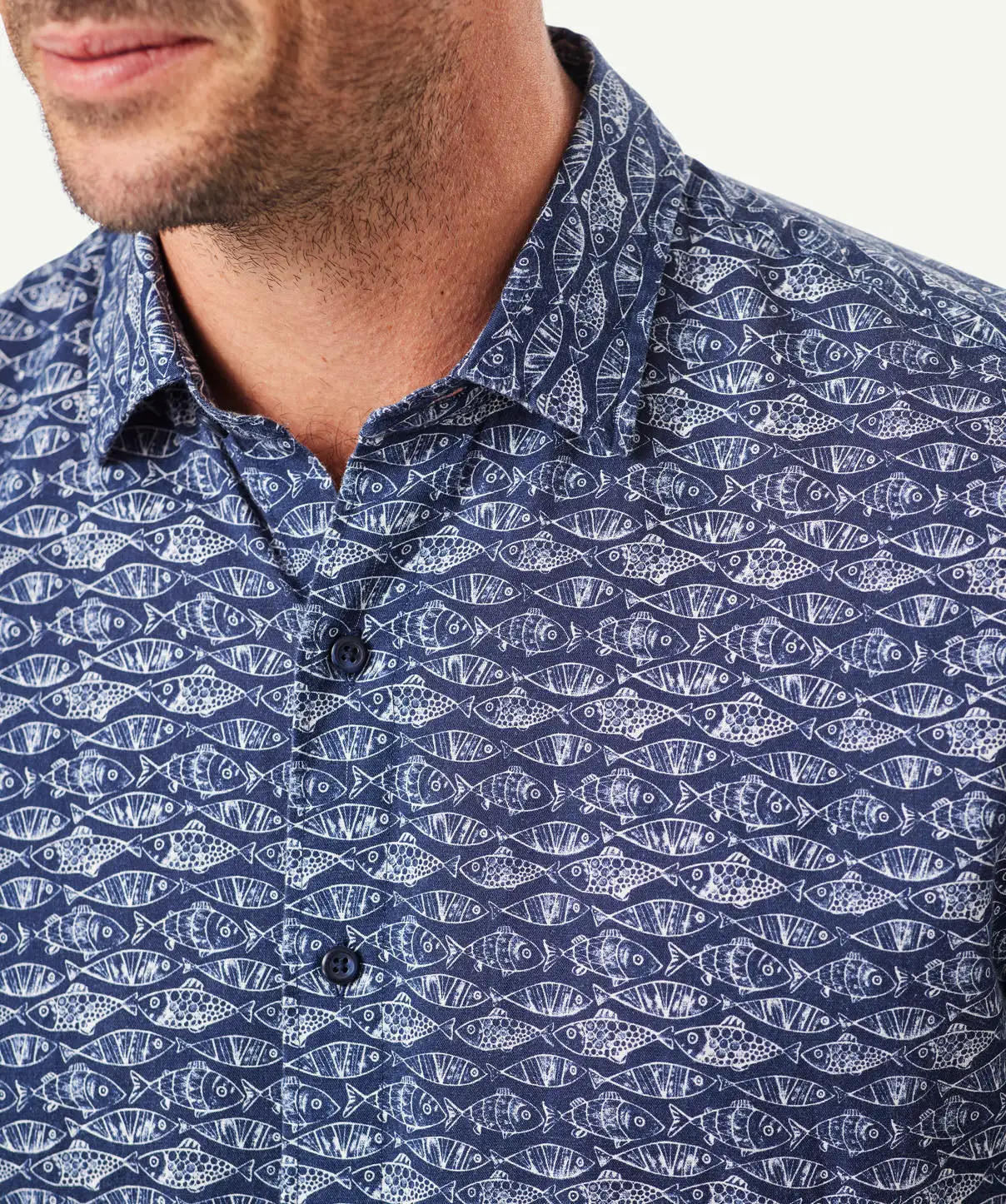 Gazman Linen Blend Fish Print Short Sleeve Shirt - Navy 6 Gazman Linen Blend Fish Print Short Sleeve Shirt - Navy - Image 4