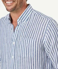 Gazman French Linen Stripe Long Sleeve Shirt - Navy -Cheap Accessories Store 4 47035