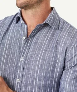 Gazman Tailored French Linen Stripe Long Sleeve Shirt - Chambray -Cheap Accessories Store 4 47051