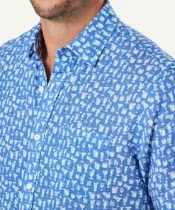 Gazman Linen Blend Cocktail Print Short Sleeve Shirt - French Navy -Cheap Accessories Store 4 47386