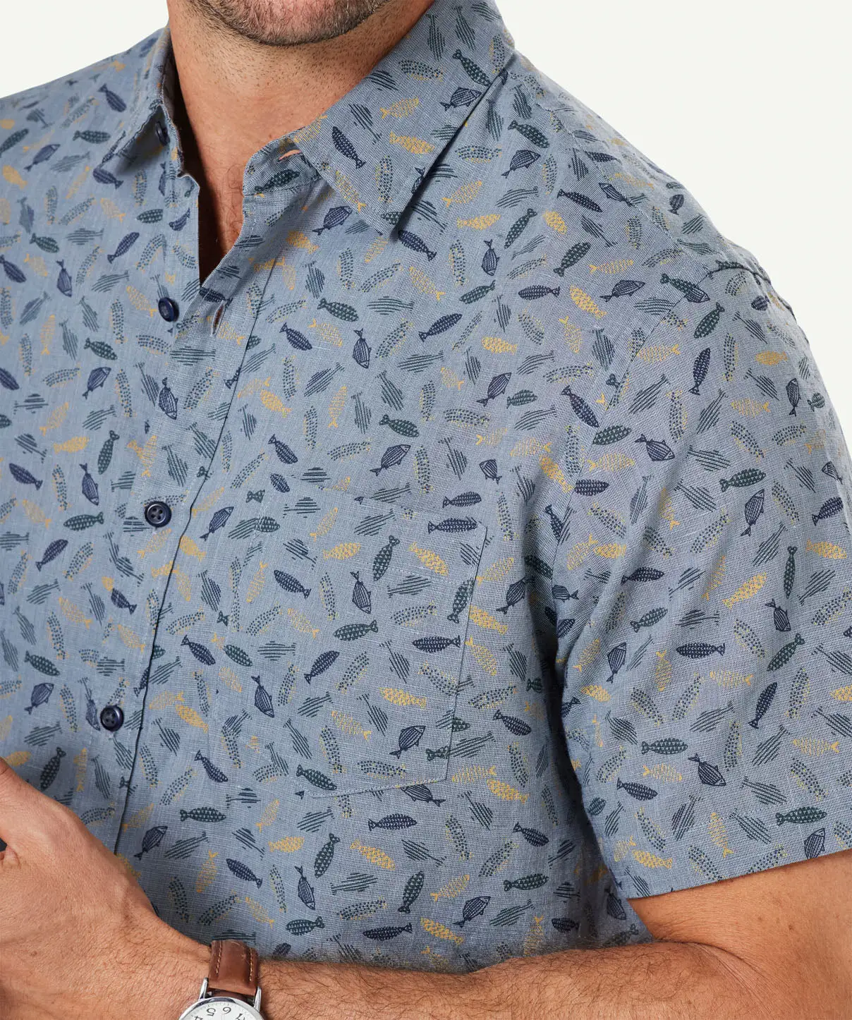 Gazman Linen Blend Fish Print Short Sleeve Shirt - Chambray 6 Gazman Linen Blend Fish Print Short Sleeve Shirt - Chambray - Image 4
