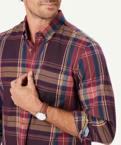 Gazman Casual Twill Multi Check Long Sleeve Shirt - Burgundy -Cheap Accessories Store 4 48592