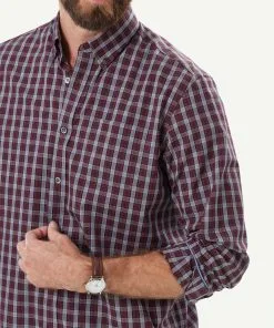 Gazman Easy Care Melange Check Long Sleeve Shirt - Burgundy -Cheap Accessories Store 4 49916