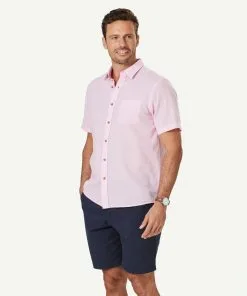 Gazman Linen Blend Plain Short Sleeve Shirt - Light Pink -Cheap Accessories Store 5 47372