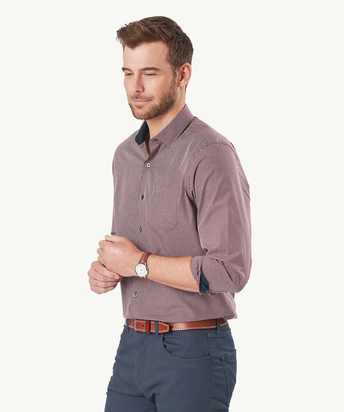 Gazman Easy Care Gingham Long Sleeve Shirt - Wine 7 Gazman Easy Care Gingham Long Sleeve Shirt - Wine - Image 5