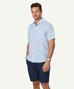 Gazman Linen Blend Stripe Short Sleeve Shirt - Blue -Cheap Accessories Store 6 47408