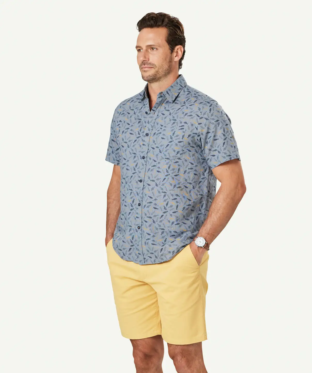 Gazman Linen Blend Fish Print Short Sleeve Shirt - Chambray 7 Gazman Linen Blend Fish Print Short Sleeve Shirt - Chambray - Image 5