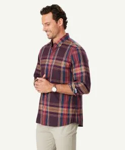 Gazman Casual Twill Multi Check Long Sleeve Shirt - Burgundy -Cheap Accessories Store 6 48593